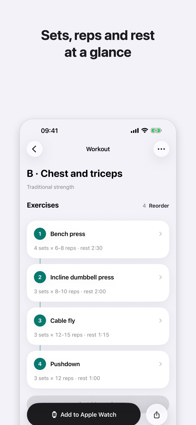 A workout with exercises, sets, reps and rest