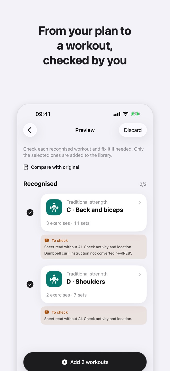 The preview of recognised workouts